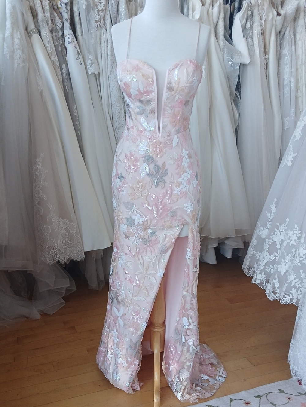 Light Pink Floral Sequin Evening Dress